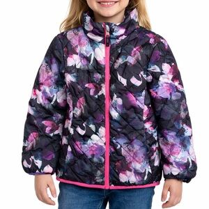 Gerry Girls Quilted Puffer Jacket Floral Pink Purple Black Size S 7/8 Zip Coat